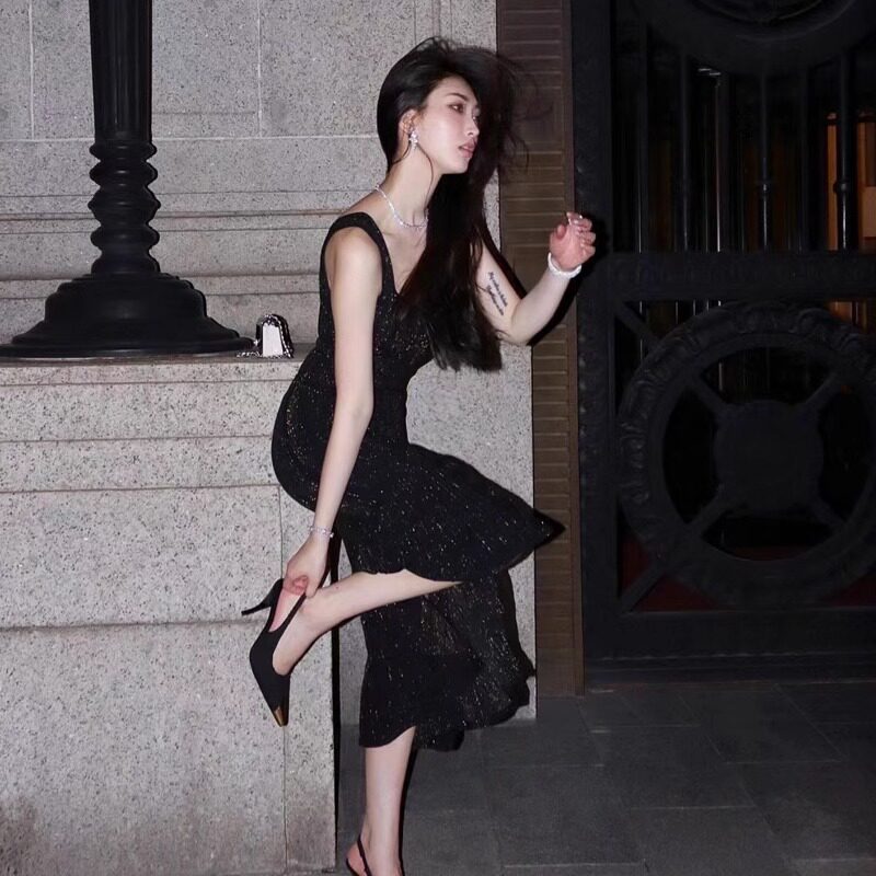 HEPBURN-STYLE DRESS DRESS LIGHT LUXURY NICHE HIGH-END TEMPERAMENT CELEBRITY BIRTHDAY DRESS BLACK FISHTAIL SLIP DRESS