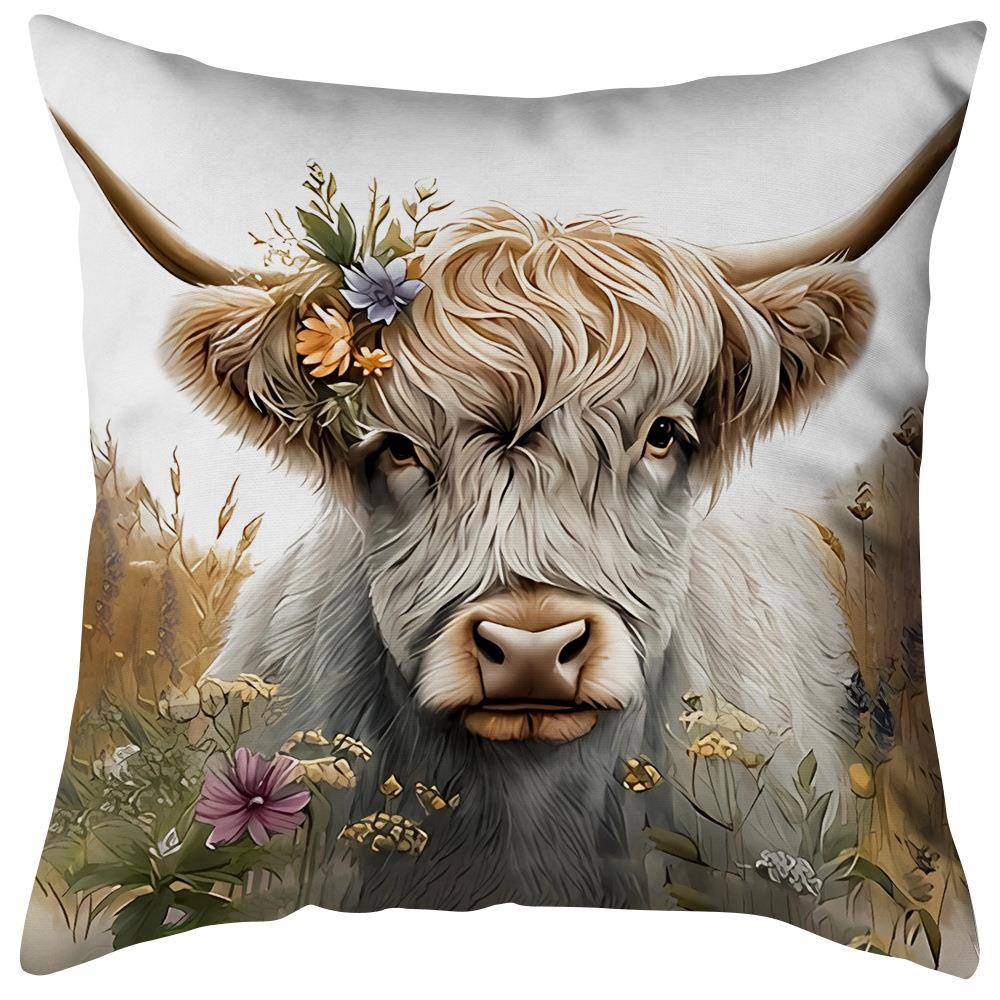 temu爆款高地牛印花抱枕套卧室客厅沙发靠垫套装饰毛绒舒适靠枕套