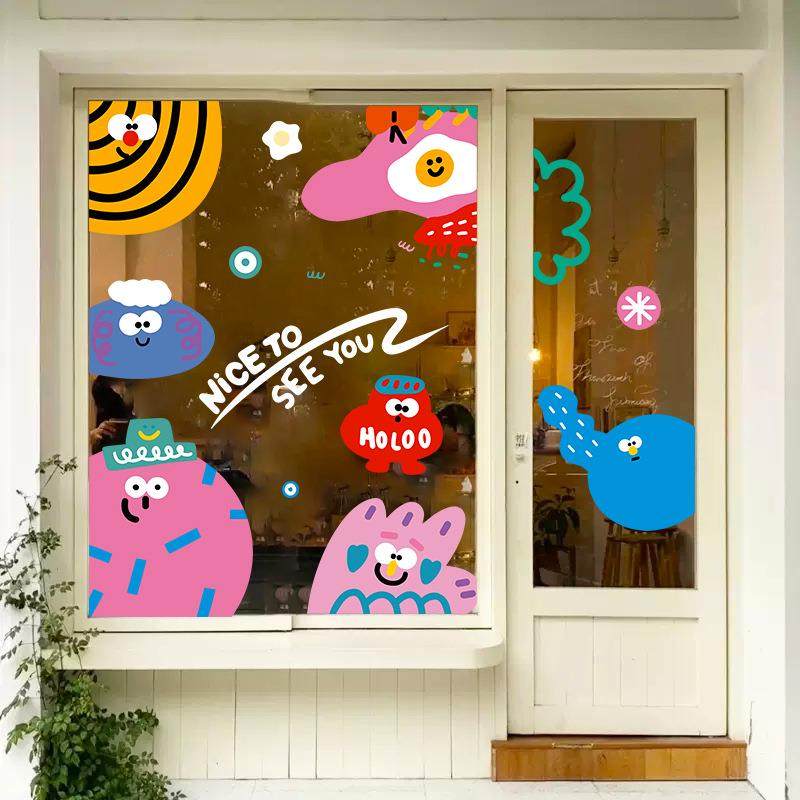 ins风网红店几何图形小怪兽插画贴纸店铺橱窗玻璃门贴静电装饰贴