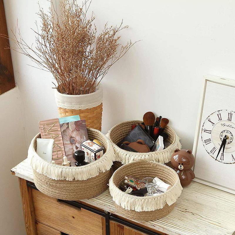 棉麻麻绳收纳筐盒子零食杂物篮圆形绿植花盆套亚马逊编织家居