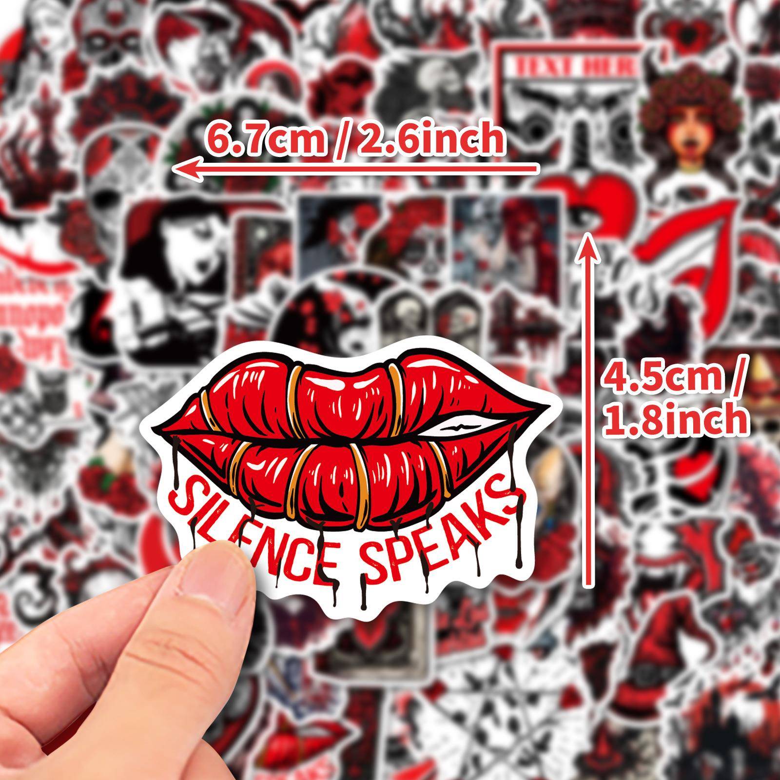 100张炫酷哥特风格PP防水贴纸个性暗红色骷髅头乌鸦红唇装饰贴画