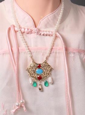 新中式国风儿童仿珍珠项链古风马面裙汉服软璎珞明制旗袍项圈配饰