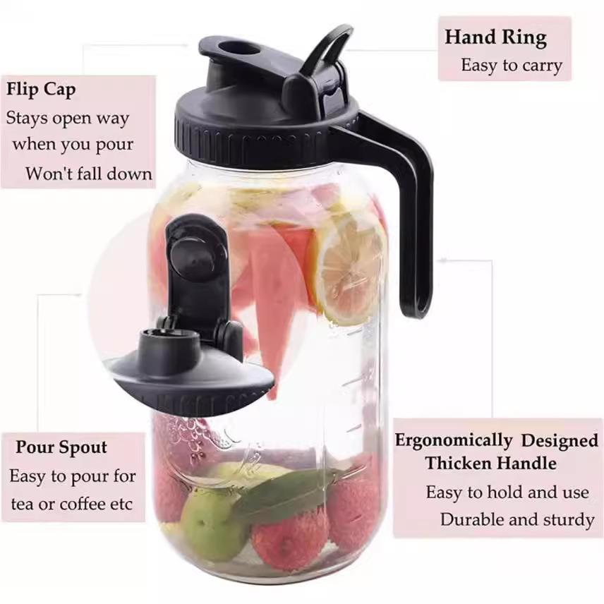 跨境玻璃瓶饮料瓶果汁瓶大容量玻璃杯带手柄盖子宽口梅森罐