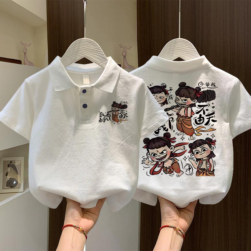 男童polo衫短袖T恤夏季2025新款哪吒图案国潮翻领国风男女童上衣
