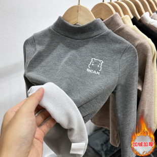 秋冬儿童半高领打底衫 t恤羊棉绒加绒加厚保暖刺绣中小童上衣 长袖