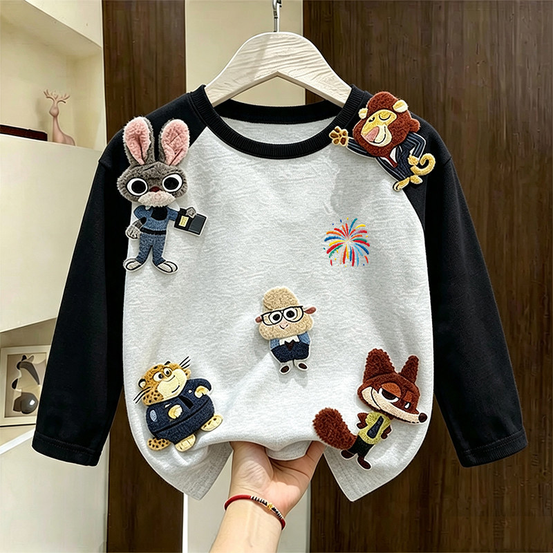 春秋季新款插肩纯棉卡通立体疯狂动物公仔宽松男女童长袖小孩T恤