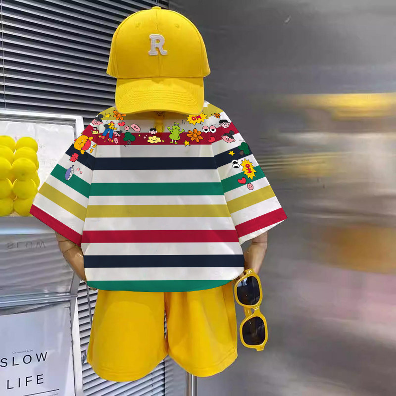 儿童时髦彩色条纹短袖t恤男女童2025夏装宝宝半袖上衣小童体恤衫