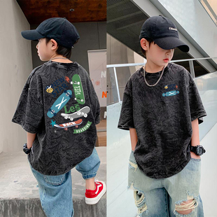 童装男童夏季2025新款做旧纯棉重磅宽松短袖t恤中大童百搭半截袖