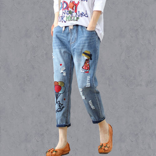 denim ninth harem pants loose thin high  waist  抽绳腰九分裤