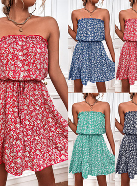 2022summer sexy tube top floral dress 夏季性感抹胸碎花连衣裙