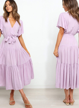 v-neck waist long skirt lace-up  dressv 领收腰长裙系带连衣裙