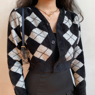 long sleeved cardigan复古短款 Vintageshort 开衫 neck V领长袖