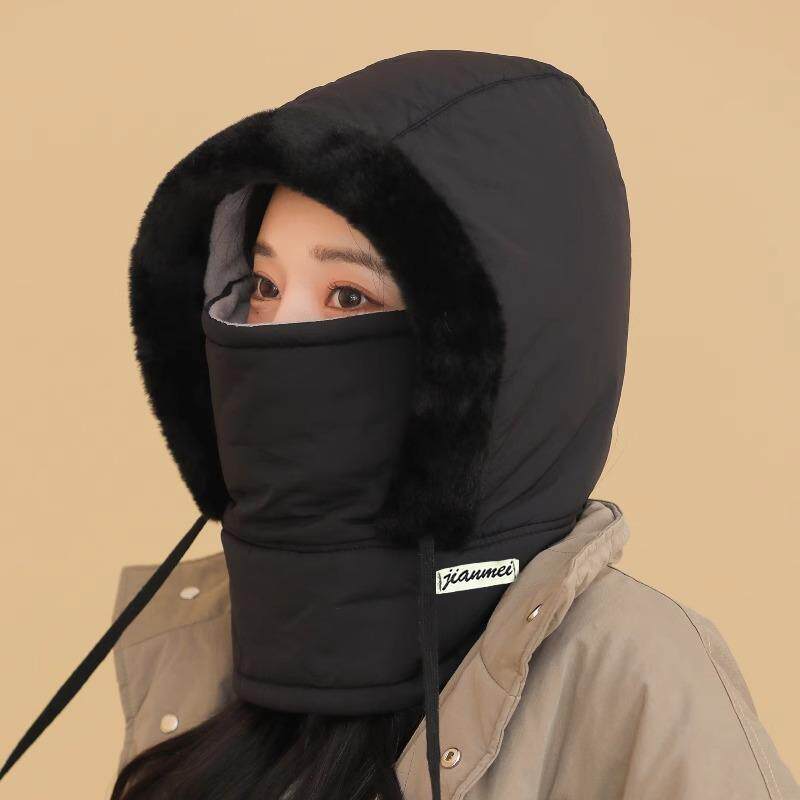 毛绒雷锋帽围脖一体帽女冬季防风防寒加厚保暖头套黑色