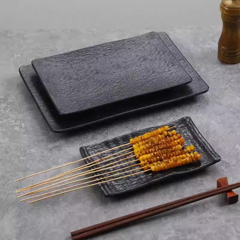烧烤盘子商用仿木纹托盘长方形日式餐盘炸烤串烧烤店专用上菜盘子
