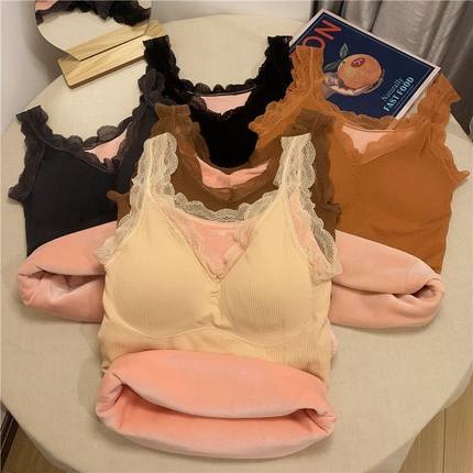 保暖背心女加绒加厚打底衫吊带内衣自带胸垫蕾丝塑性大码