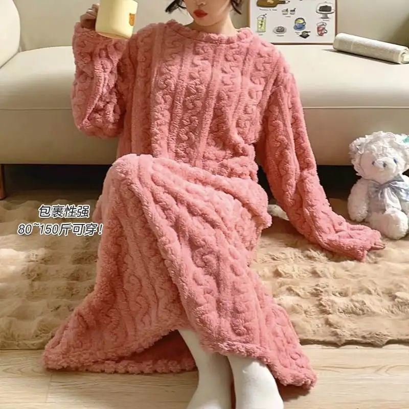 行走的大被子瑚绒绒提花长款宽松有口袋家居睡袍睡裙女冬季睡衣