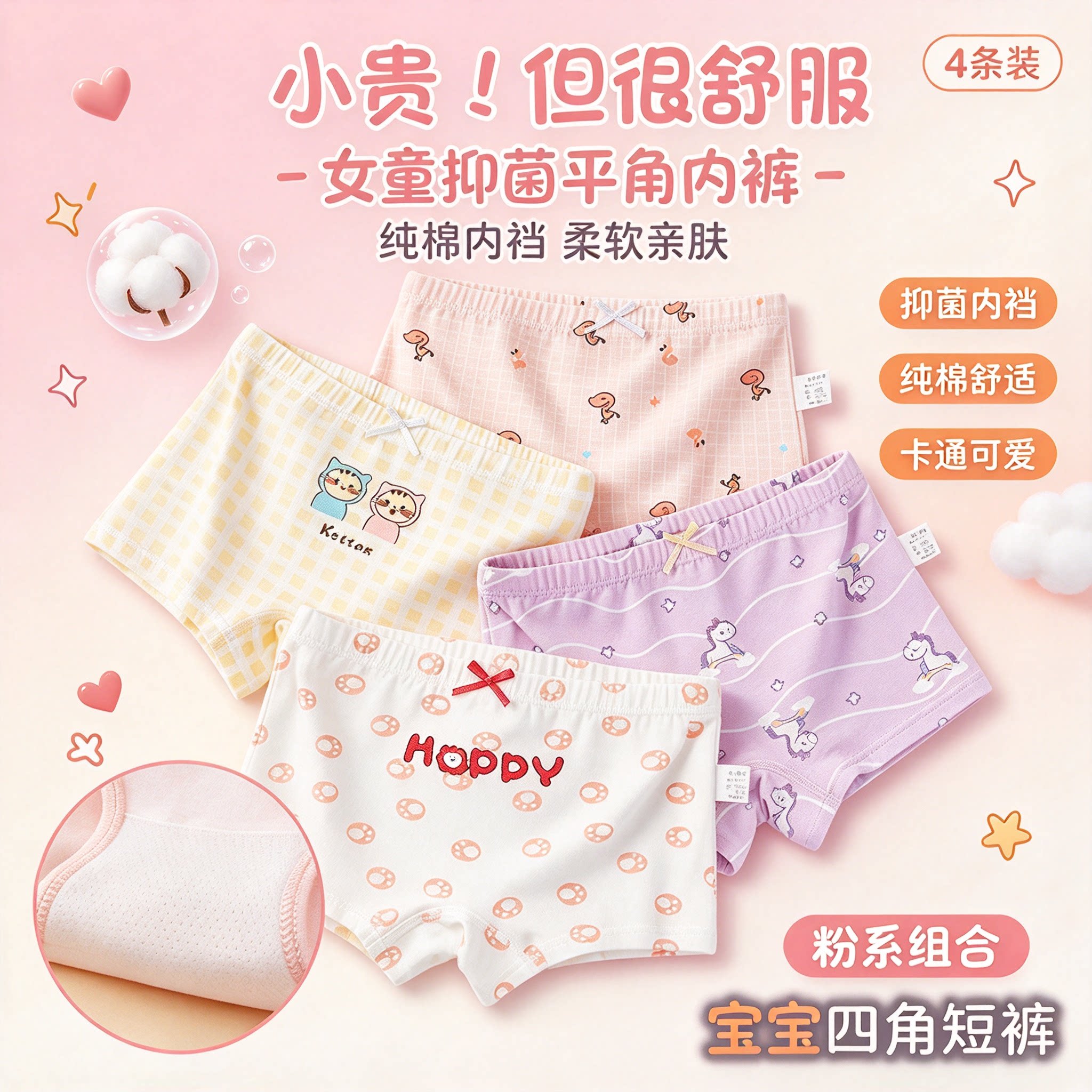 女童平角内裤纯棉抑菌内裆小女孩四角短裤宝宝可爱卡通儿童底裤