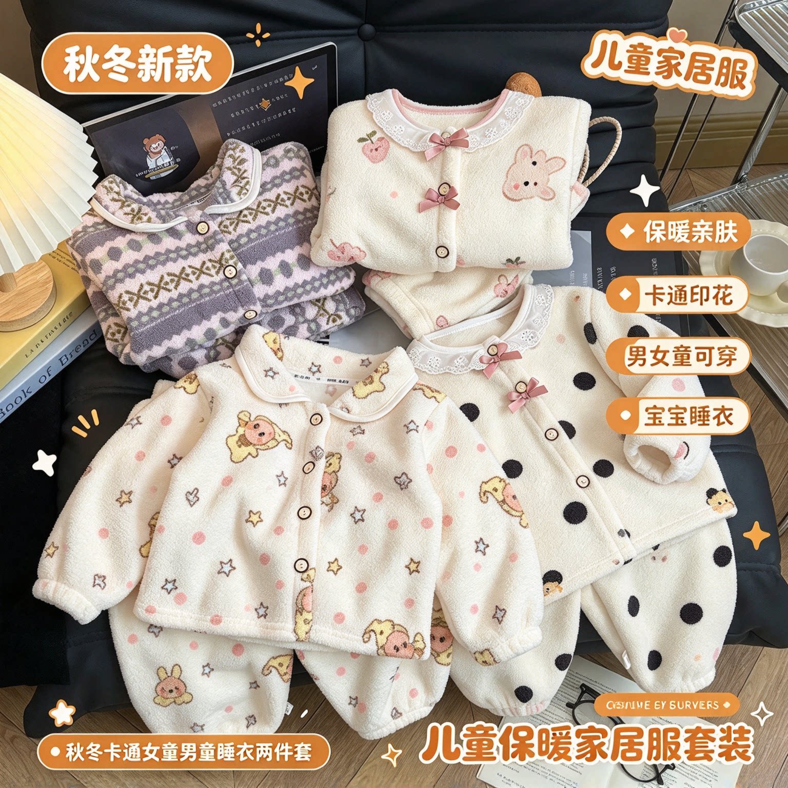儿童家居服秋冬新款保暖套装卡通印花男女童宝宝睡衣两件套童装潮