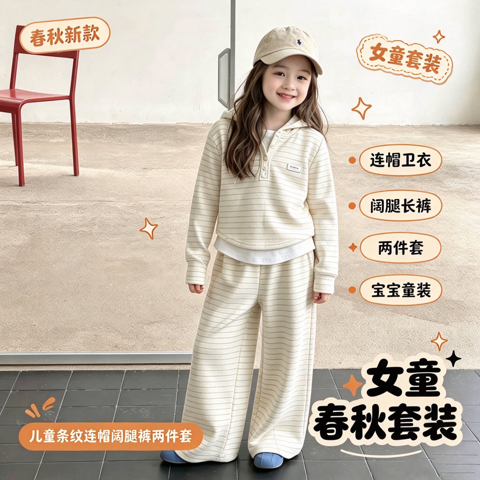 女童套装春秋新款儿童条纹连帽卫衣阔腿裤两件套宝宝童装女孩潮