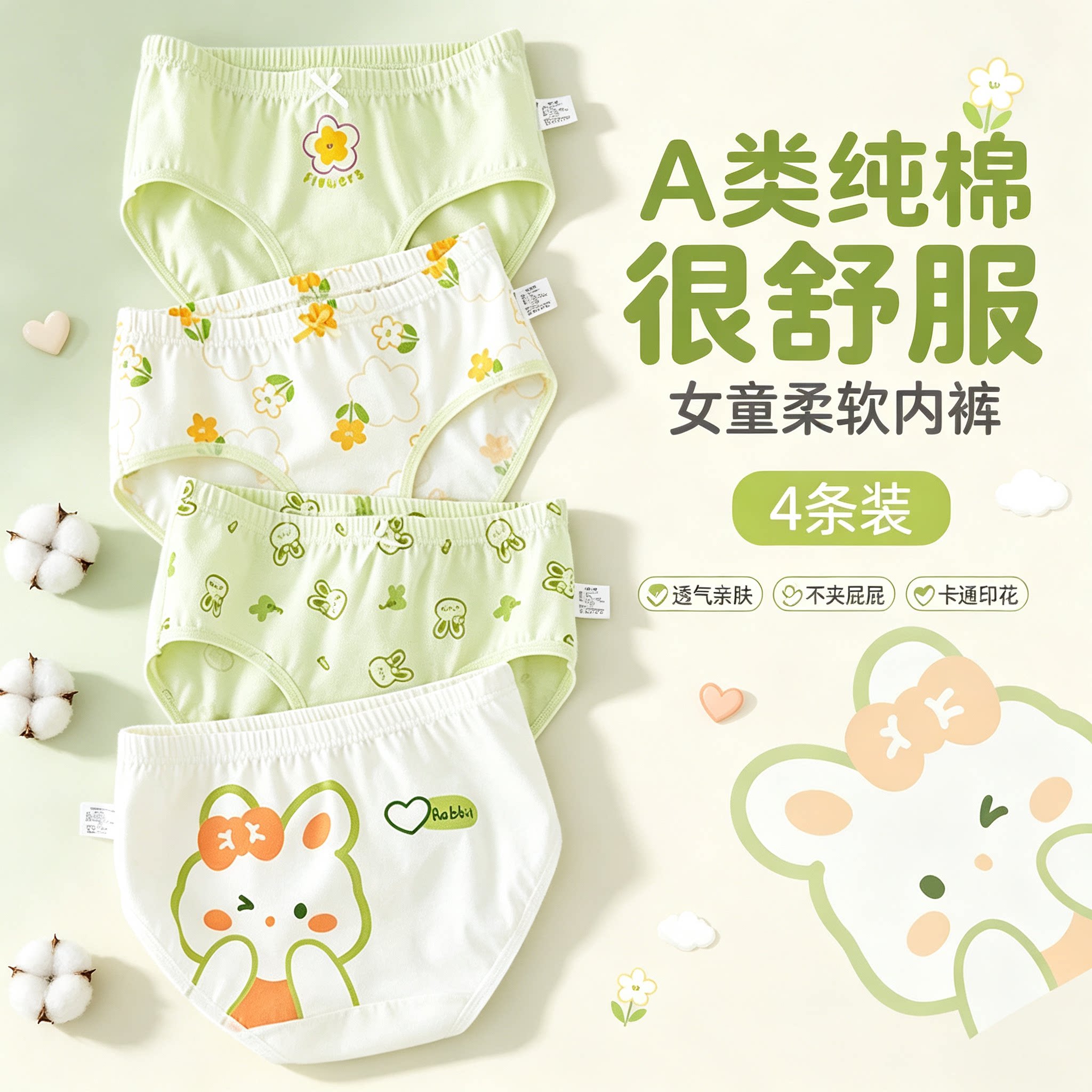 女童内裤A类纯棉三角裤卡通小兔内裤
