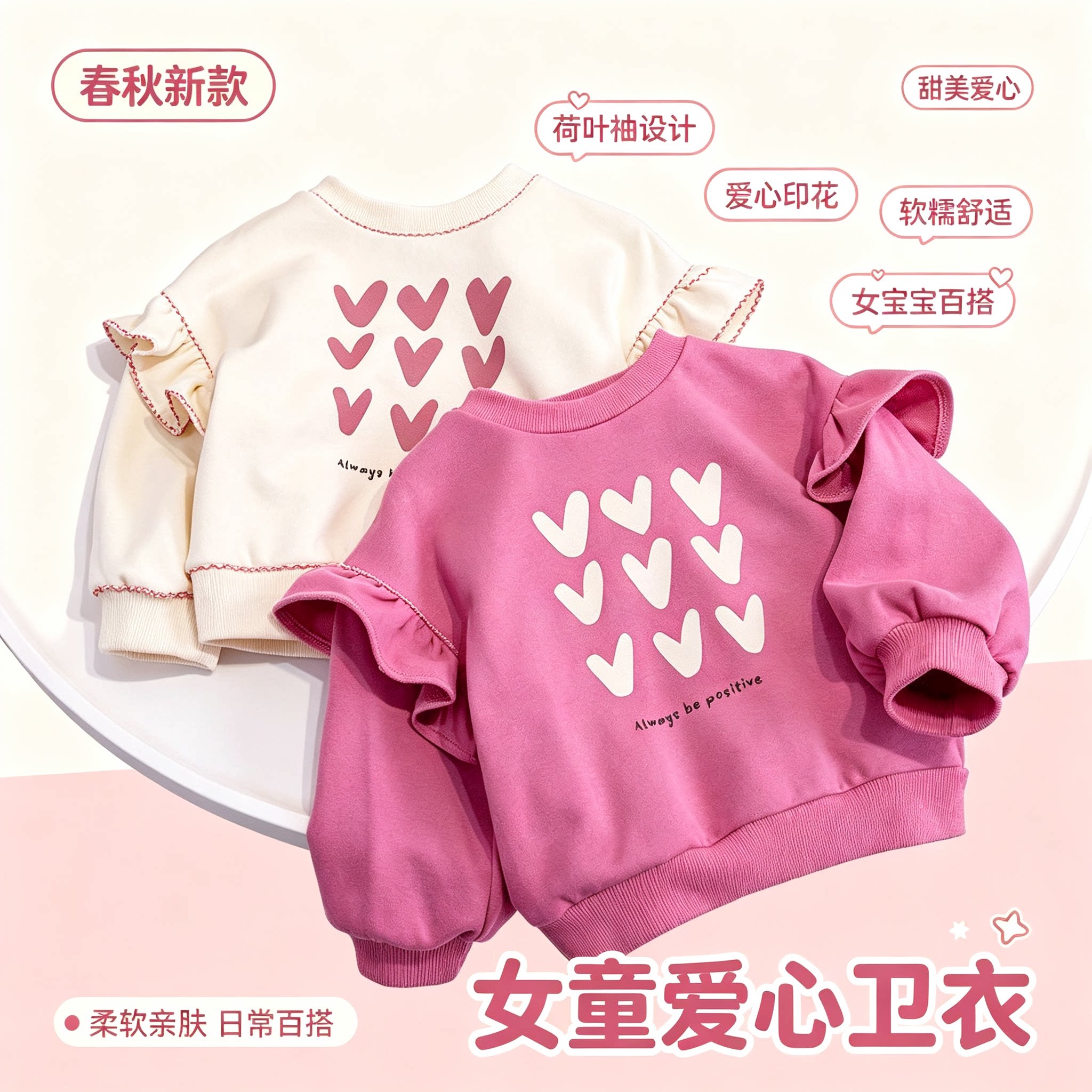 女童春秋卫衣2026新款宝宝荷叶边上衣中小童爱心印花洋气甜美长袖