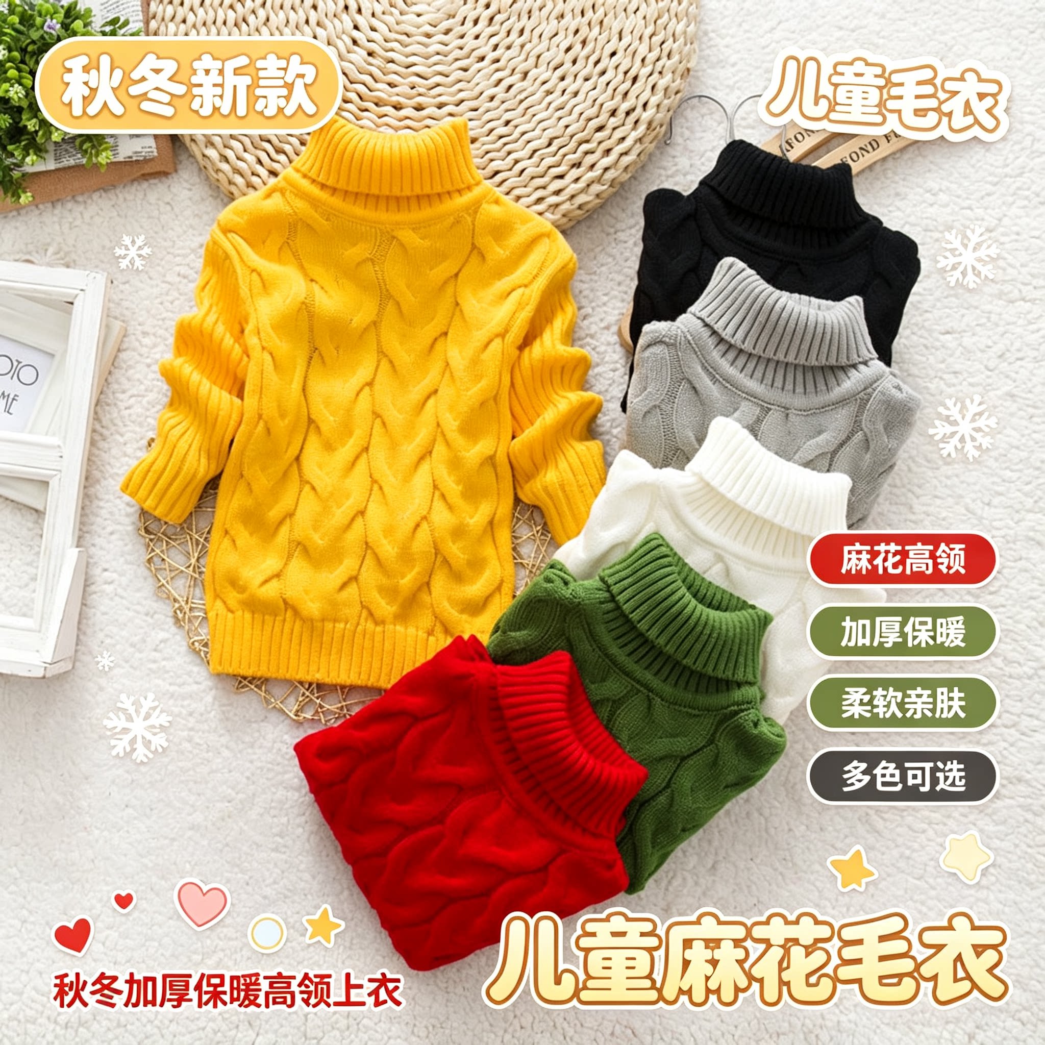 儿童毛衣秋冬新款男童女童加厚麻花高领毛衣宝宝保暖针织上衣童装