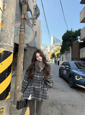八盖pinky piggy 清潭洞欧尼 氛围感格纹双面尼大衣收腰显瘦上衣