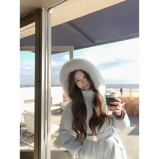 八盖pinky piggy 松塔海盐 湖蓝色定染可拆卸毛领收腰三防羽绒服