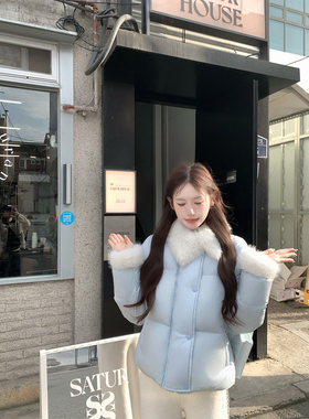 八盖pinky piggy 雪顶甜宝 冬季白鸭绒baby蓝羽绒服环保毛领外套