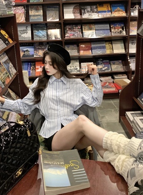 八盖pinky piggy cutie honey 早春条纹收腰衬衫女设计感显瘦上衣