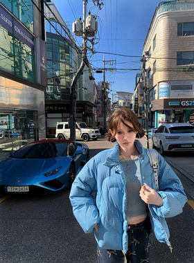 八盖pinky piggy 心跳打印机 爱心衔缝线ding染蓝格纹保暖羽绒服