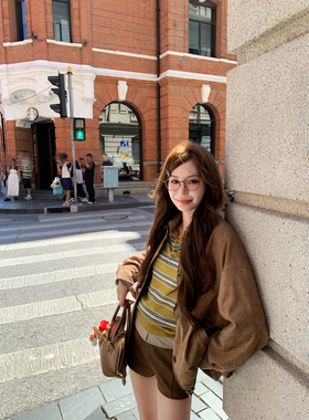 八盖pinky piggy 西部旧约 美拉德棕色麂皮夹克宽松廓形外套上衣