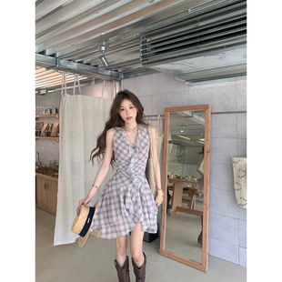 八盖pinky piggy 悸动雾气 韩系格纹不规则v领连衣裙收腰显瘦短裙