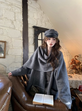 八盖pinky piggy 魔女概论 学院风灰色斗篷大衣设计感双面呢外套