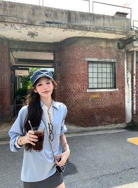 八盖pinky piggy 蓝图首礼 蓝白假两件衬衫套装高腰显瘦灰色a字裙