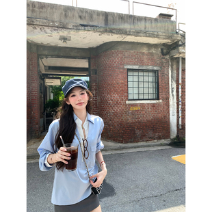 套装 八盖pinky 蓝白假两件衬衫 蓝图首礼 高腰显瘦灰色a字裙 piggy