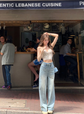 八盖pinky piggy Sugar Rush 刺绣花边浅色牛仔裤高腰显瘦阔腿裤