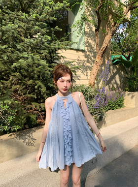 八盖pinky piggy 爱丽丝梦境 baby蓝重工蕾丝挂脖连衣裙显白短裙