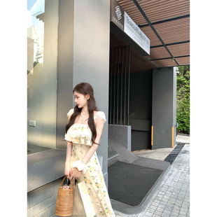 八盖pinky piggy 淡橘松榄 纯欲蕾丝拼接小飞袖连衣裙设计感长裙