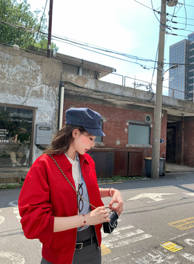 八盖pinky piggy 马克达街区 美式红色翻领夹克收腰显白外套上衣