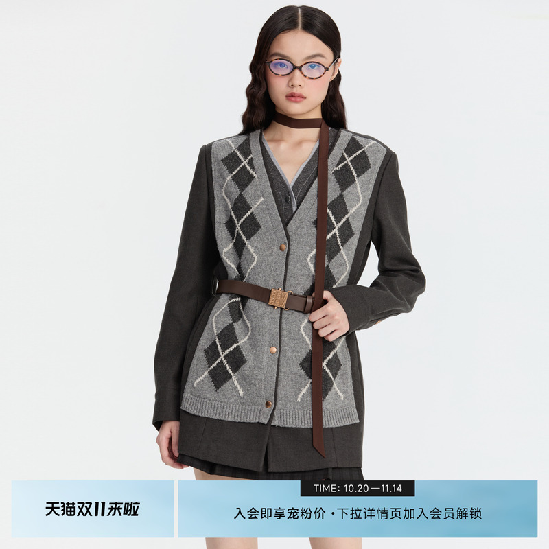 REVAN芮范奥莱冬季设计师款毛织拼接西装连衣裙RM91101046