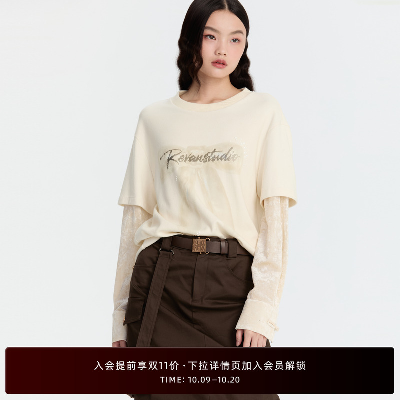 REVAN芮范奥莱2024冬季前卫米色蝴蝶结T恤单衣RM90801110