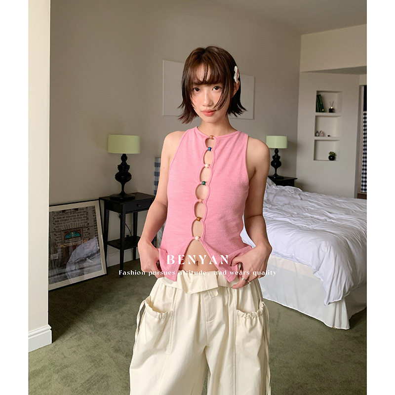 BENYAN本言 十三行法式温柔风珠串镂空两面穿针织上衣背心女82081