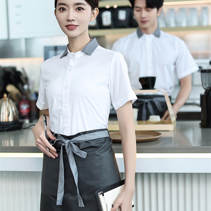 时尚餐饮服务员工作服衬衣短袖饭店咖啡水吧奶茶店西餐厅蛋糕夏季