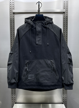 2025春秋多口袋工装拉链套头连帽卫衣男士秋冬加棉拼接休闲上衣潮