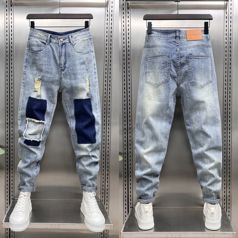 男士牛仔裤修身小脚破洞