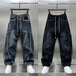 2024秋冬款保暖加绒牛仔裤男士潮牌弯刀裤美式休闲水洗复古工装裤