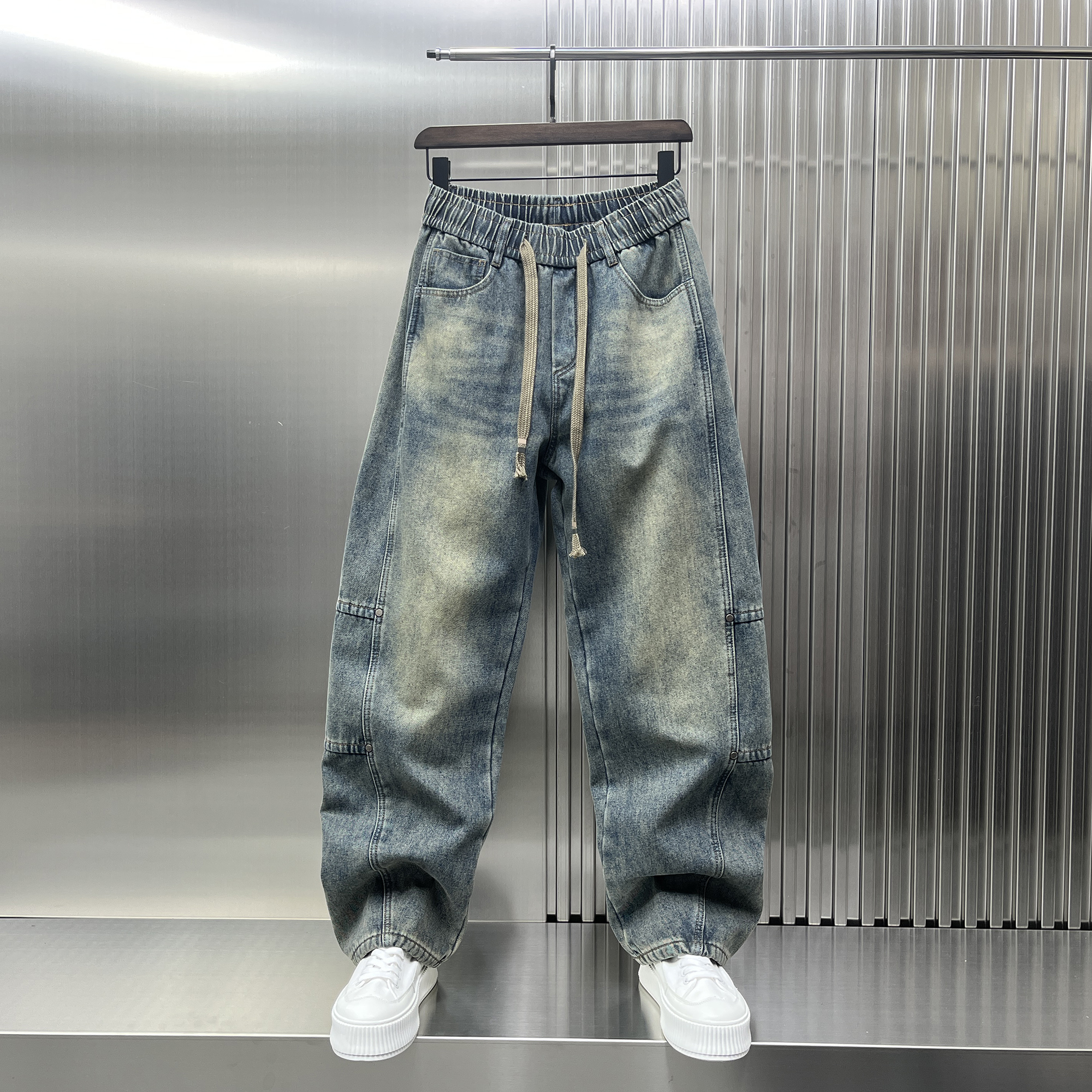 重磅美式复古大码加绒水洗牛仔裤男士2024秋冬新款痞帅阔腿弯刀裤