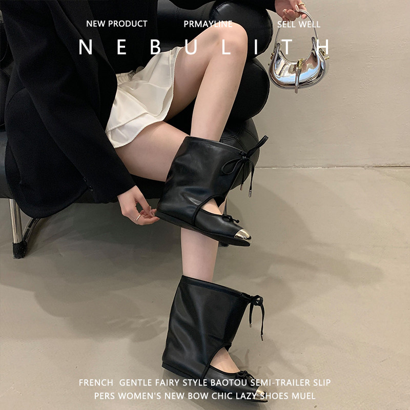 牛皮版~平底芭蕾风鞋子女夏季镂空凉靴设计感小众蝴蝶结褶皱短靴