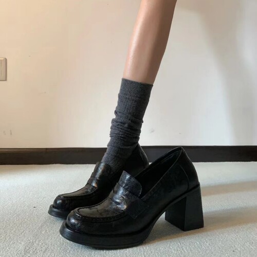 厚底粗跟乐福鞋女真皮复古高跟鞋